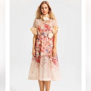 Floral Round Neck Lace Up Short Sleeve Midi Dress